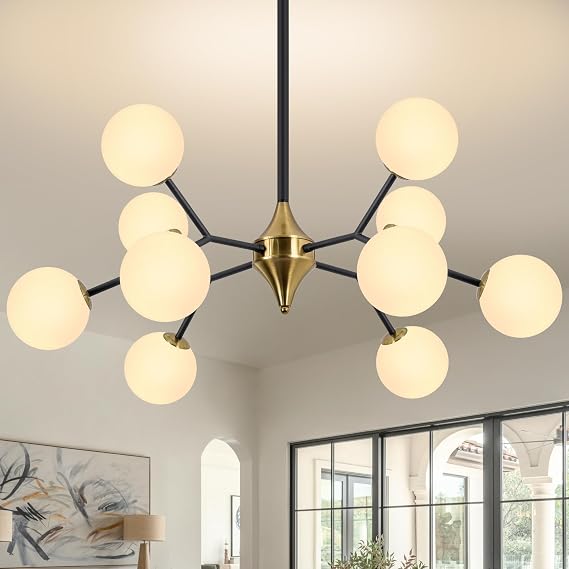 COCOSTAR 39" Black and Gold Sputnik Chandelier 10-Light Semi Flush Mount