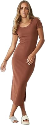 Womens Rib Short Sleeve Split Midi Dress