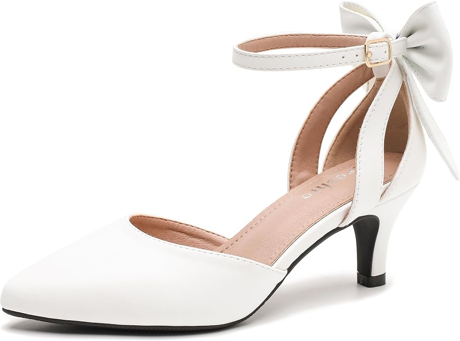 fereshte Women's Kitten Heel Pumps with Bow, Ankle Strap, Pointed Toe, Wedding Evening Dress Shoes