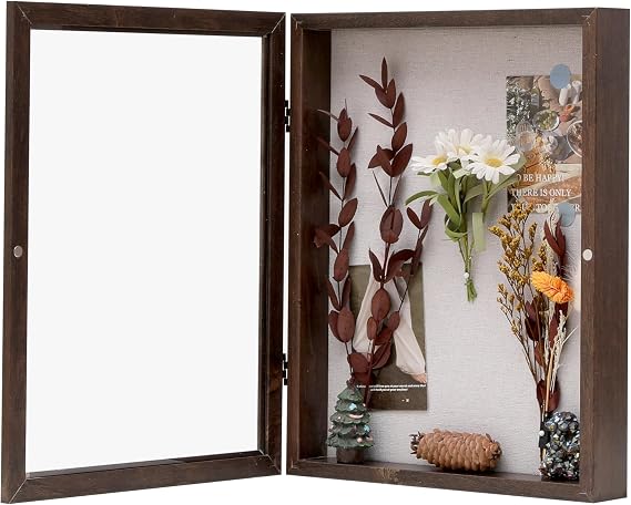 8x10 Shadow Box Frame with Linen Back, Wood Glass Display Case for Medals, Photos, Memorabilia, Awards - Pins Included- Walnut