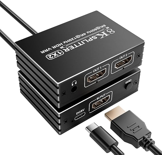 8K HDMI Splitter 1 in 2 Out for Dual Monitor - HDMI Splitter 1x2 Duplicate Mirror Screens 8K@60Hz, 4K@140Hz, EDID, HDCP, HDR10, VRR, Dolby Vision Atmos, for PS5 PS4 Xbox Fire TV Apple TV PC Laptop