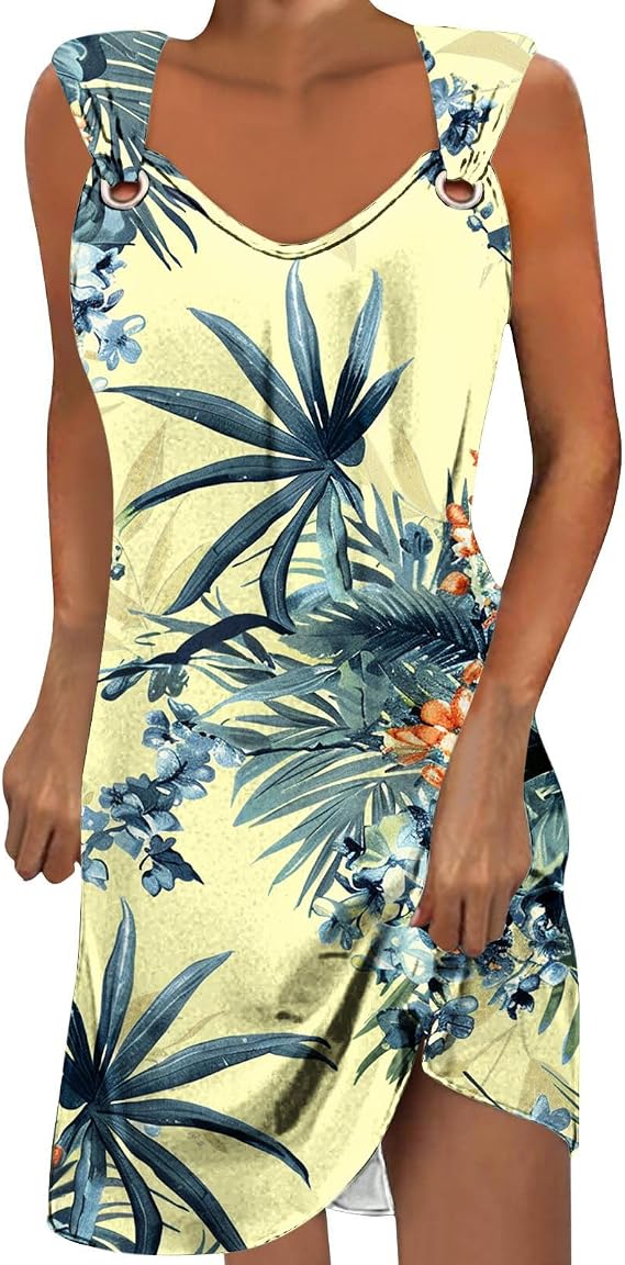 Women's Casual Sundress V Neck Sleeveless Summer Vintage Boho Beach Dress Floral T-Shirts Dress Loose Tank Dresses