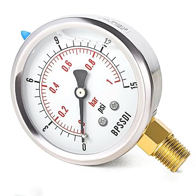 0-15 Psi Glycerin Liquid Filled Low Pressure Gauge, 2.5 Dial Size, 14 NPT Lower Mount, 304 Stainless Steel Case, for Water Pipe, HVAC, Water Oil Air Pressure Test