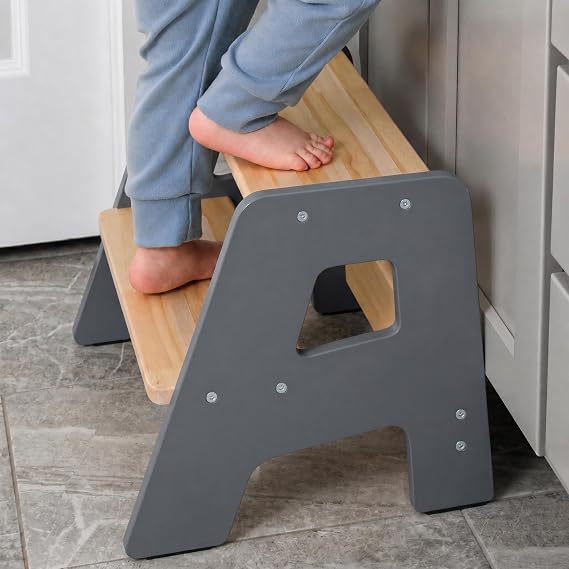 2-Step Wooden Toddler Step Stool for Bathroom Sink & Kitchen Use - Gray | Non-slip steps and padded feet for extra stability. Lightweight to carry, safely supports ages 2+ and adults up to 250 lbs.