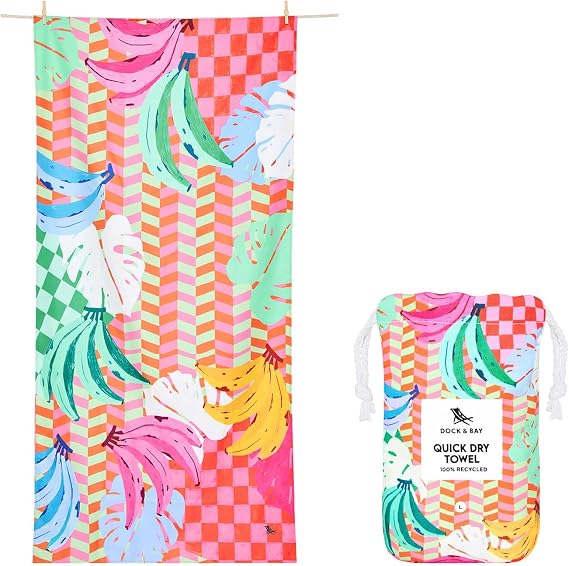 Dock & Bay Beach Towel - Quick Dry, Sand Free - Compact, Lightweight - 100% Recycled - Includes Bag - Banana Karma - Extra Large (200x90cm, 78x35)