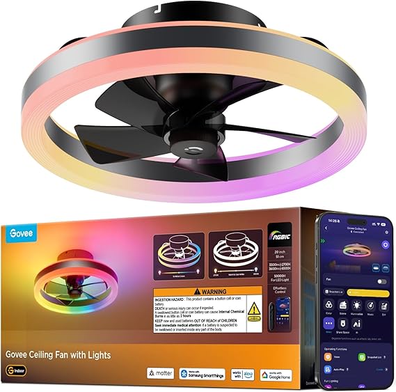 Govee Ceiling Fan with Lights, 20'' RGBIC Oscillating Flush Mount Fans