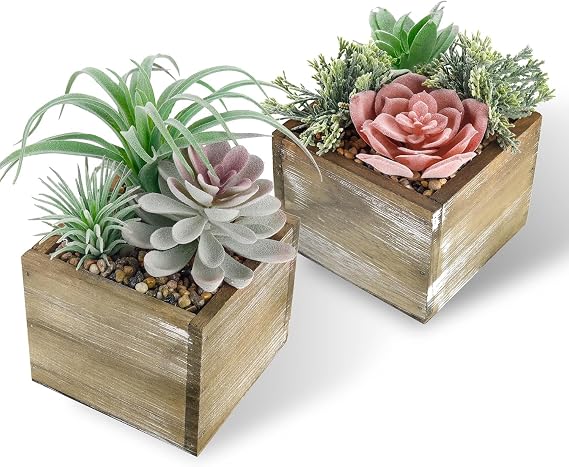 Der Rose 2 Pack Fake Succulents Plants in Wood Pots for Farmhouse Decor