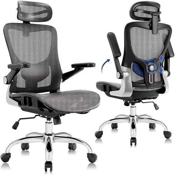 marrap Ergonomic Office Chair, Mesh Seat Cushion with 3D Armrests and 3D Headrest, Adjustable Lumbar Support with 90-120 Rocking Function for Home Office, Dark Grey