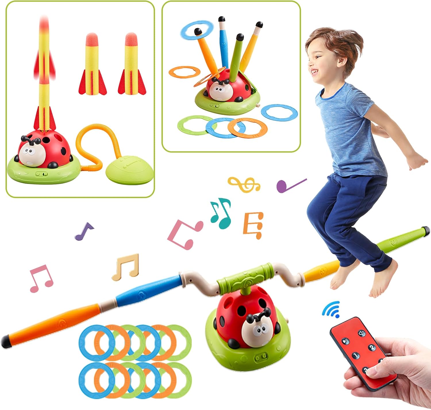 Multi-Functional Game Sports Machine, Kid Ladybug Fitness Machine Toy,Obstacle CourseStomp Rocket LaunchRing TossMusical Jump Toys with Remote Control, Outdoors Toys for 3-8 Years Boys Girls