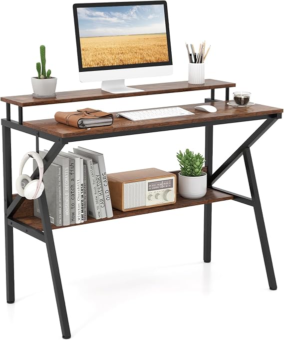 GIANTEX Small Desk with Storage, Compact Computer Desk for Small Spaces with Monitor Stand, Metal Frame & Earphone Hook, Laptop PC Table, Modern Writing Desk for Home Office, Bedroom (Rustic Brown)