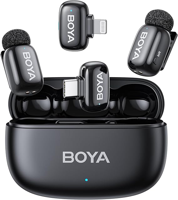 Boya Mini 2 Microphone Mobile Phone Wireless Lavalier Microphone USB-C & Lightning Wireless Lapel Microphone 5 g Ultralight 48 kHz/24 Bit 100 m 30 hours Anti-pop Sound App Control Black
