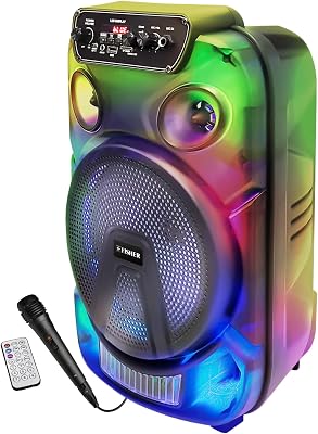 Fisher Portable Bluetooth PA Stereo Speakers System-Karaoke Wireless DJ, Dual 8 20W Peak Power, Loud HD Sound & LED Lights, Rechargeable, MicrophoneRemote, USB, TWS, FM Radio, IndoorOutdoor Party