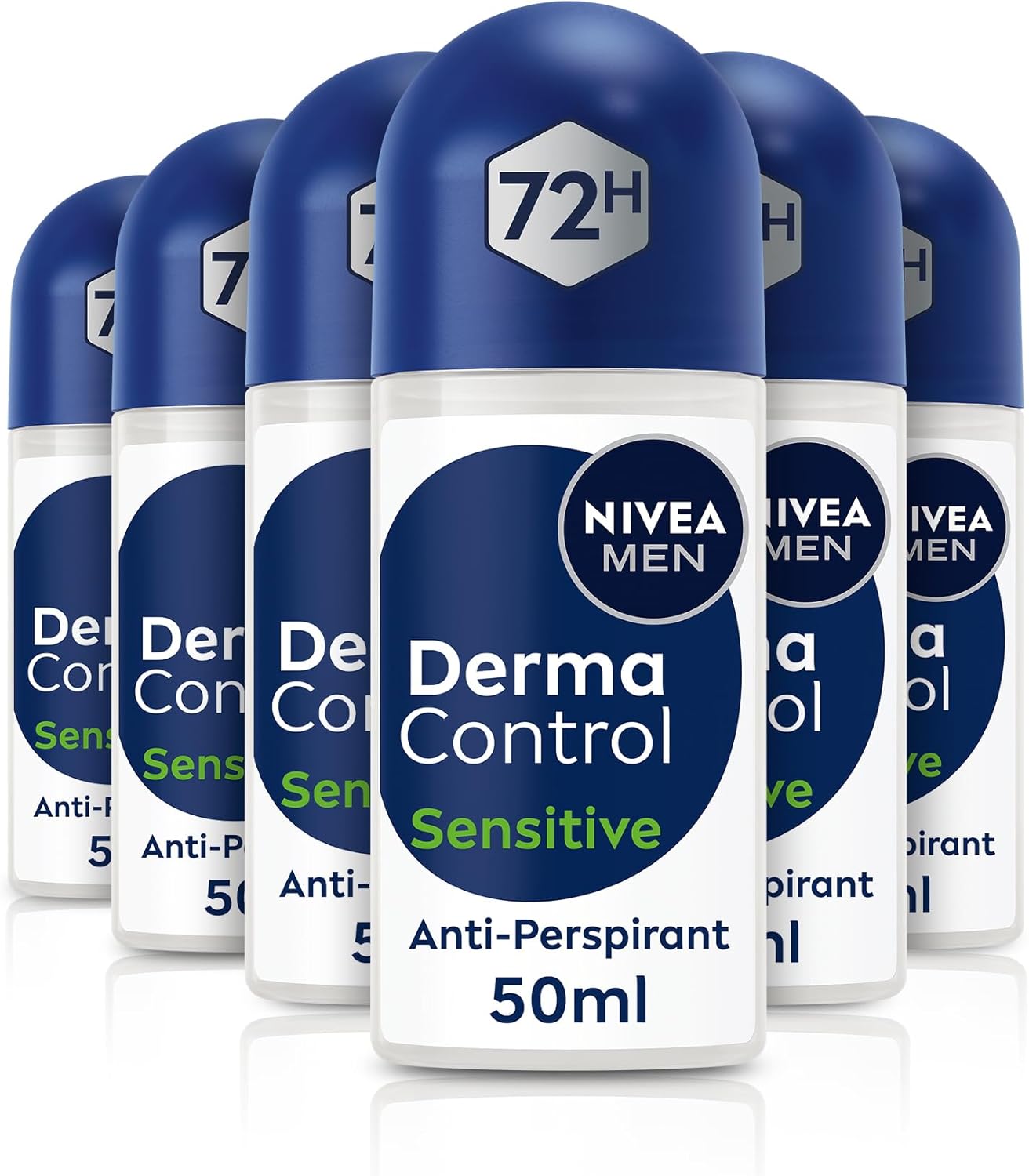 NIVEA MEN Derma Control Sensitive Roll On (6 x 50ml), Anti-Perspirant Formula for Defence Against Odour and Staining, 72H Protection Deodorant for Sensitive Skin, Pack of 6