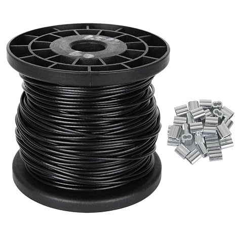 CertBuy 200Ft Vinyl Wire Rope 1/16 Inch Black Coated Covered 304 Stainless Steel Wire Cable for Hanging String Lights Plants and Lanterns
