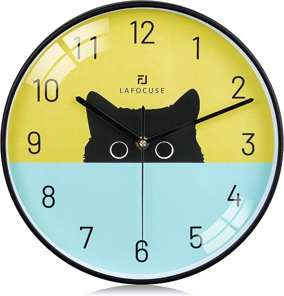 Lafocuse Black Cat Clock for Kids, Cat Wall Clocks Battery Operated 12 Inch
