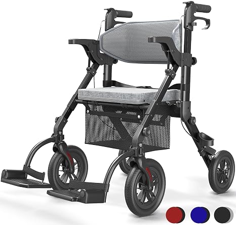 VOCIC 2-in-1 Wheelchair Rollator Foldable Lightweight with Seat Outdoor Rubber Tyres Z51 Allen GeländeLeicht Rollatoren mit NetztascheAluminium Gehhilfer Transport-StuhlObsidianschwarz (5 Jahre Support)