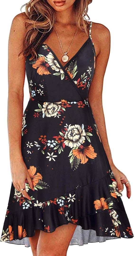 ULTRANICE Womens Summer Dresses Floral V Neck Ruffled Hem Spaghetti Spring Casual Beach Outfits Flowy Wrap Sun Dress