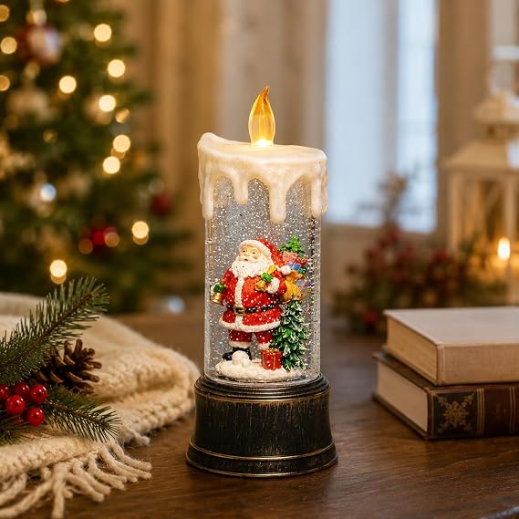 Snow Globe Candle with Santa by Moments in Time Lighted Water Spinning Christmas Decor 8 Battery Operated Tabletop Decoration Festive Holiday Home Accent Gift