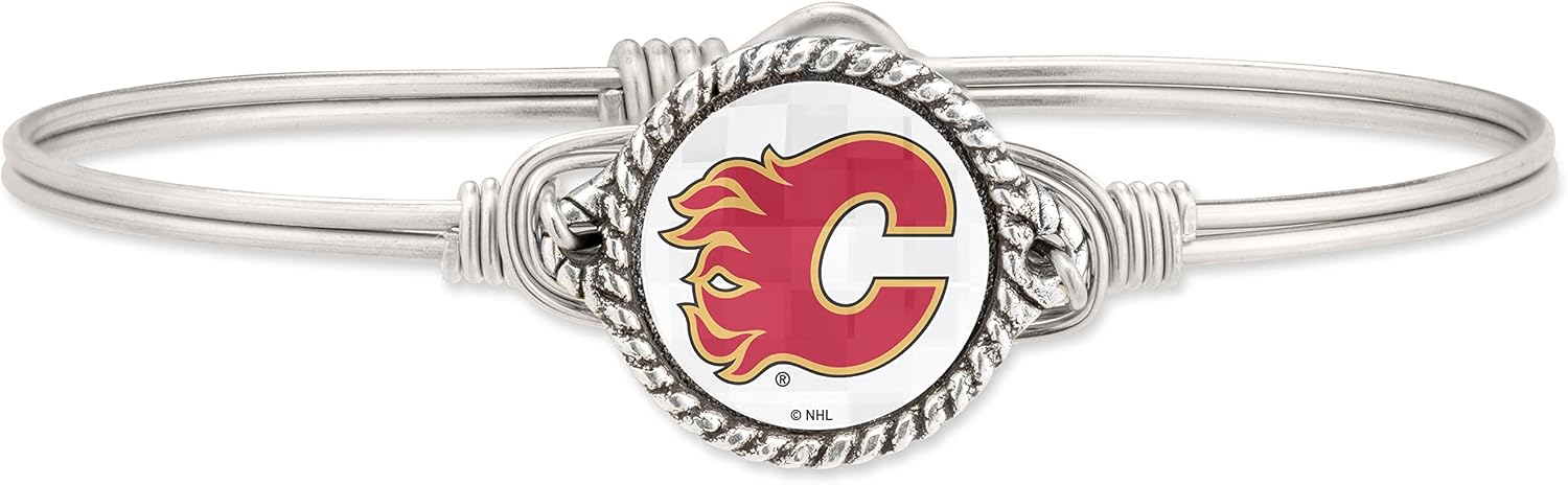 Luca  Danni NHL Handmade Calgary Flames Swarovski Crystal Set in Rustic Silver and Artisan Metal Bangle Bracelet, Silver Tone, Size:Petite