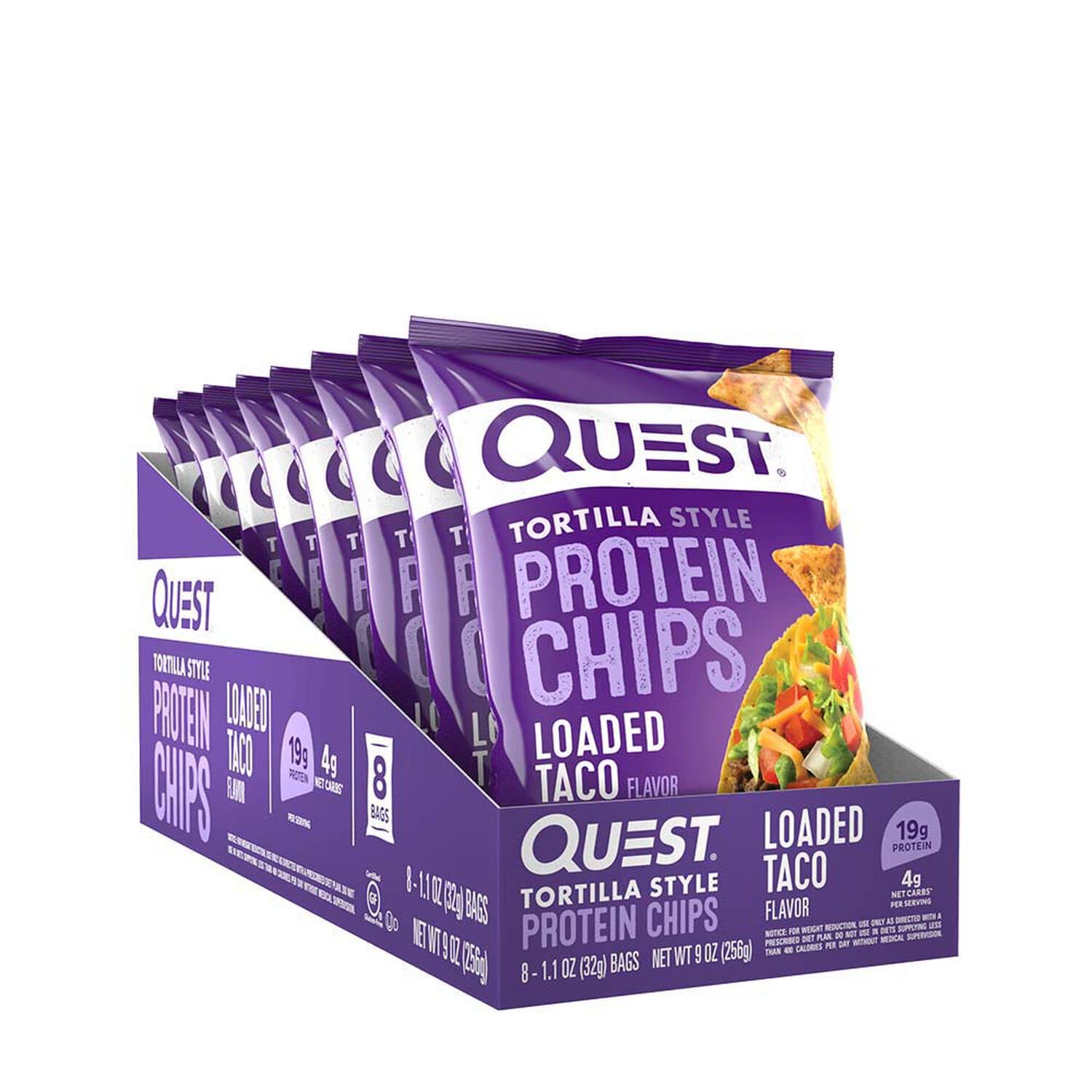 Quest Nutrition Tortilla Style Protein Chips, Loaded Taco, Low Carb, Gluten Free, Baked, 1.1 Ounce Pack of 8