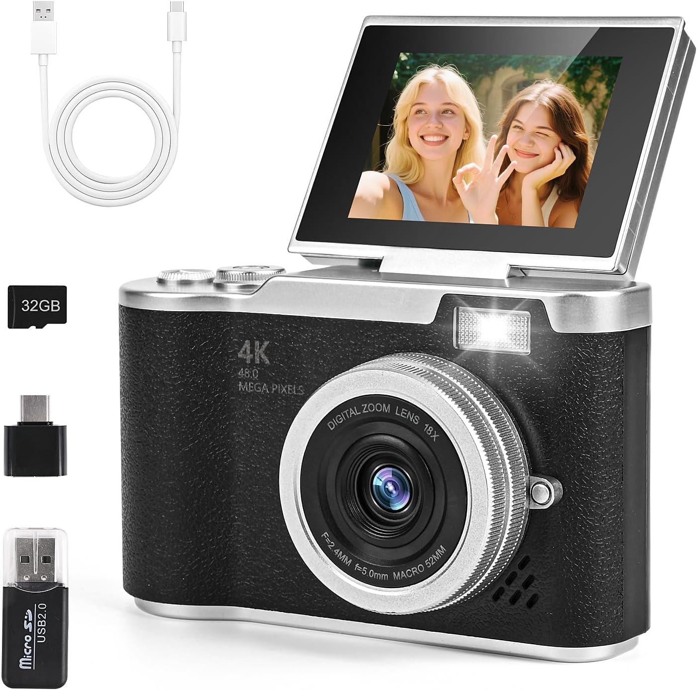 Digital Camera 1080P Camera 48MP Camera Portable Compact Camera with 180° Flip 2.4 Inch Screen 8X Digital Zoom Compact Camera 32GB TF Card for Children Teenagers Student Beginners Black