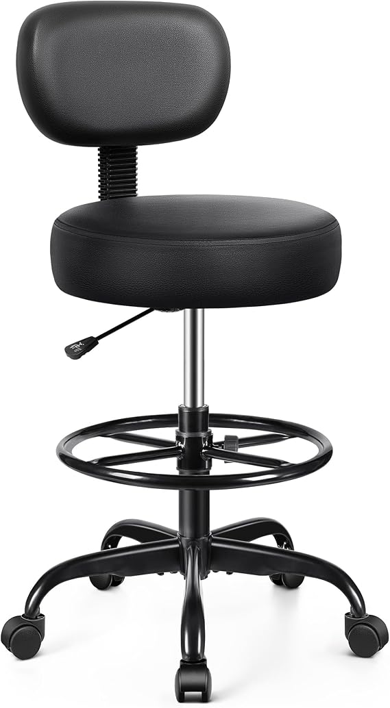 Brick Attic Drafting Chair with Backrest Adjustable Foot Rest Rolling Stool with Wheels, PU Leather Swivel Stool for Office Spa Studio Lab Counter Salon Home Work Bar Kitchen Shop(Black)