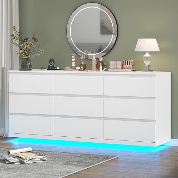 Gyfimoie 9 Drawer Dresser with Power Outlet, Floating White Dresser Chest of Drawer with LED Light,Modern Double Wide Drawer Organizer Cabinet for Bedroom,Living Room (9 Drawer-White)