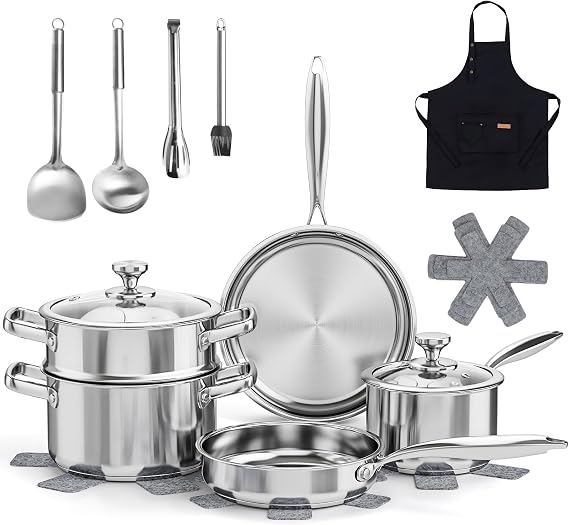 Stainless Steel Pan Set, 16-Piece Tri-Ply Base Induction Pots and Pans Set