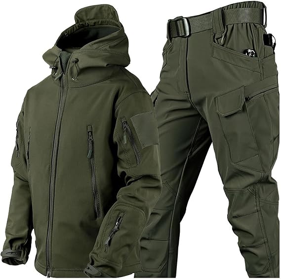 Men's Outdoor Waterproof Soft Shell Hooded Military Tactical Jacket & Pants 2pcs Outfits