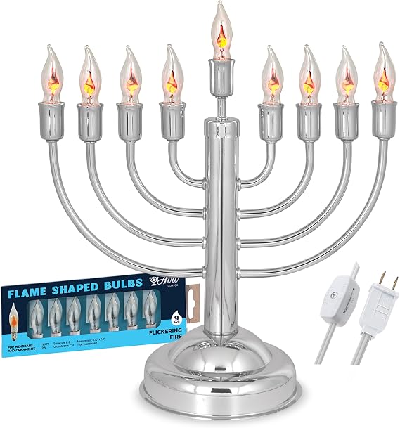 12" Quality Chanukah Menorah Round Base Highly Polished Chrome Plated Electric Menorah with Flickering Bulbs Candles for Chanukah Hanukkah Lights Menorah Chanukkah Decorations