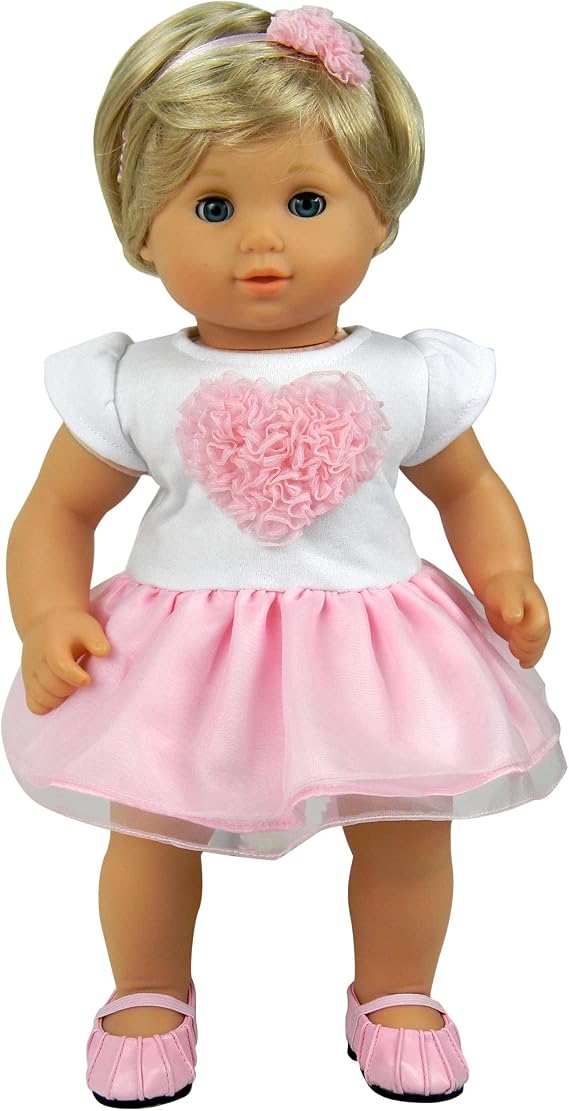 Sophia's Heart Dress with Attached Tulle Skirt and Headband Outfit for 15'' Dolls, White/Pink