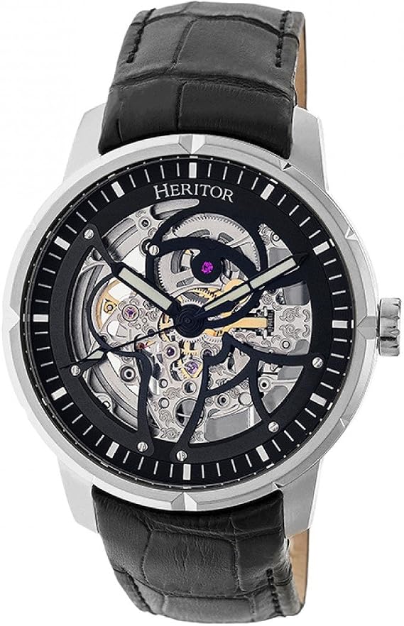 HERITOR Ryder Automatic Watch for Men 44mm Men's Skeleton Watch with Jeweled Automatic Movement, 316L Stainless Steel Case, Genuine Leather Strap (HERHR4602) Silver/Black
