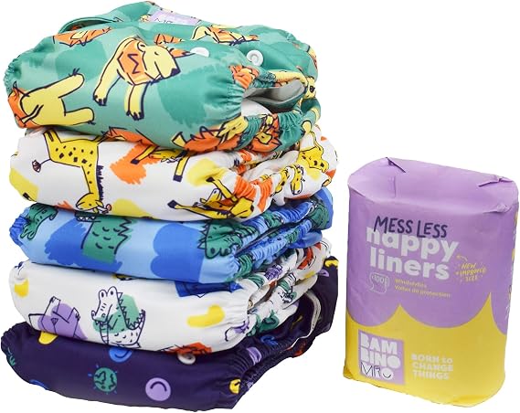 Bambino Mio, Reusable Cloth Nappy Set - The Give-it-a-go Washable Diaper Bundle, 5 x Nappies, 100 messless Liners, Bold