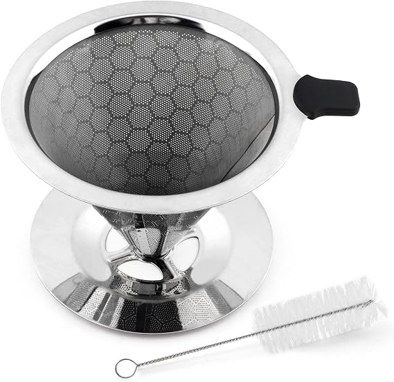 Pour Over Coffee Dripper, Stainless Steel Reusable Drip Coffee Filter with Cleaning Brush, Easy Clean Double Mesh Filter, Permanent Paperless Filters with Base for Coffees Maker