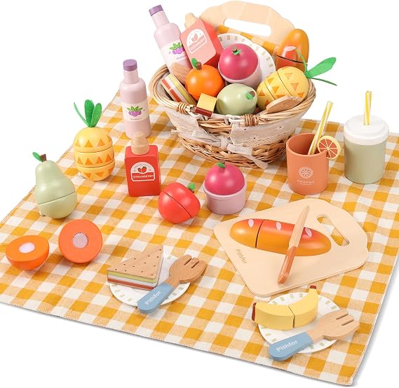 Pithfor Picnic Playset, Wooden Play Food Set for Kids Kitchen, Cutting Pretend Play Kitchen Food Toy for Toddlers Girls Boys 3 4 5 Years Old
