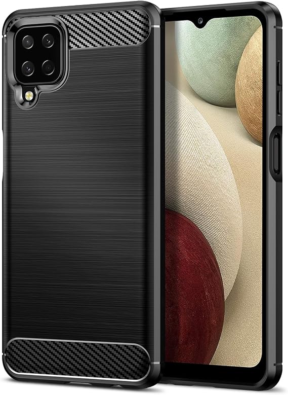 Case Compatible with Samsung Galaxy A12/M12/F12, Slim Fit Phone Cover with Shock-Absorption, Carbon Fiber TPU Rubber Protective Case, Black