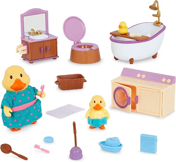 Li'l Woodzeez Bathroom & Laundry Playset, 18-Piece Duck Figures, Playsets