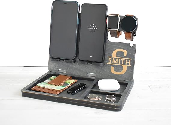 2 Phone Wooden Docking Station, Personalized desk organizer, Nightstand Docking Station, Gift for Men, Anniversary Gift, Fathers Day Gift