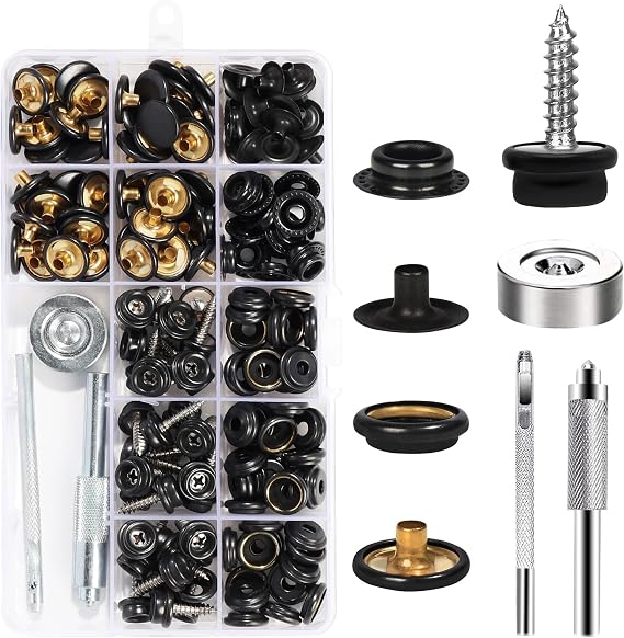 weiwei 50 Sets Canvas Snap Button Kit 2 Types Heavy Duty Snap Buttons Marine Grade 3/8" Socket Leather Snaps Fasteners Kit with Setting Tool for Boat Cover Fabric Leather DIY (Stainless Steel,173 PCS)