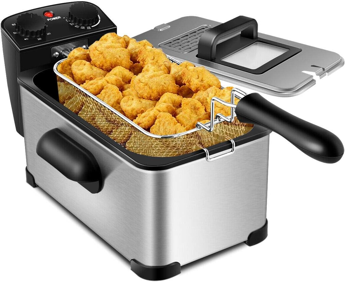 COSTWAY Deep Fryer, 1700W Stainless Steel Deep Fryer with Heating Element, Triple Basket, 5.3QT21-Cup Large Oil Container & Lid with View Window, Adjustable Temperature & Timer, Ideal for Kitchen & Restaurant