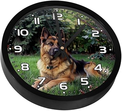 Wall Clocks Battery Operated,Modern Clocks,Cute German Shepherd Dog,Round Silent Clock 9.8 in