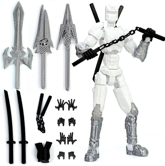 Dummy Action Figure Already Assembled, Robo 13 Movable Multi-Joints | 3D Printed, Upgraded Tight Joints, for Boys and Girls, Multiple Interchangeable Hands & Weapons, White Silver
