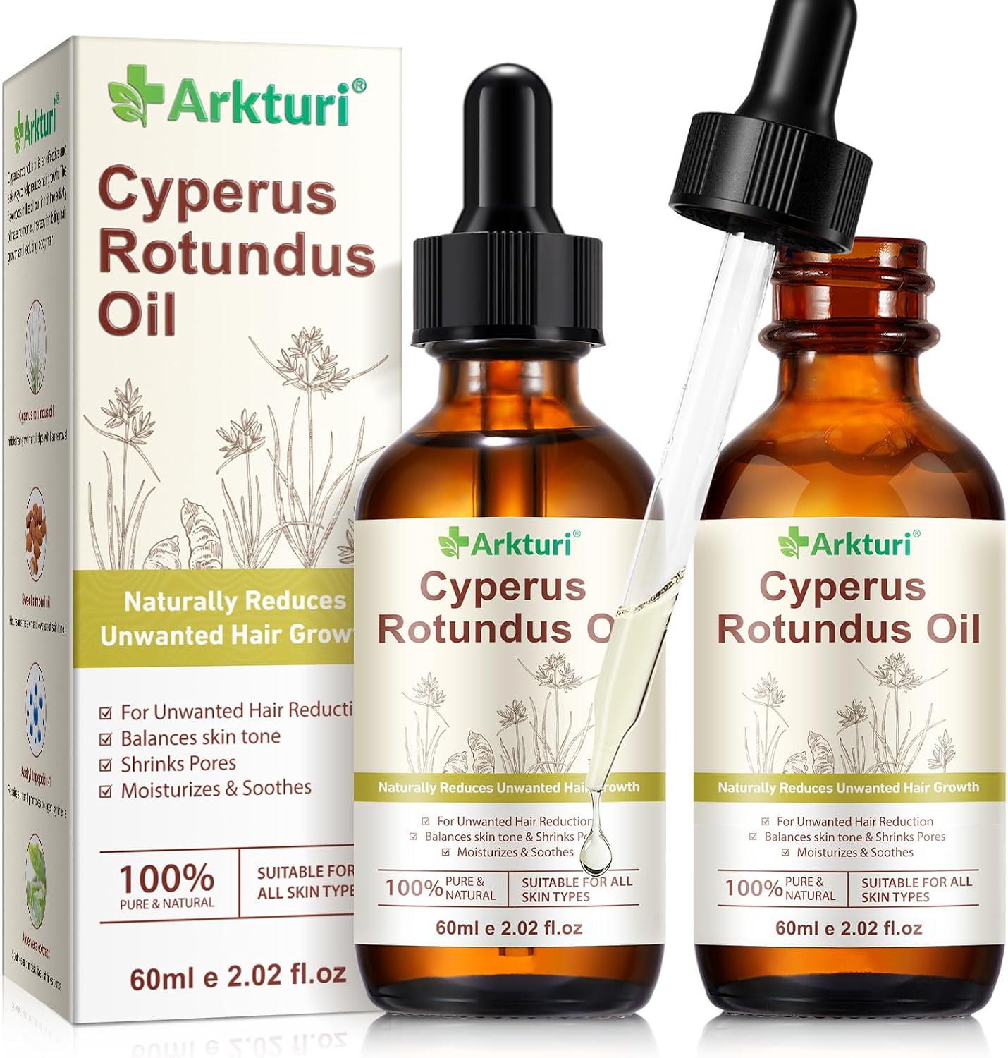 Cyperus Rotundus Oil, Cyperus Rotundus Oil for Hair Removal, Reduces Unwanted Hair Growth, Moisturizing Soothing Skin, Shrink Pores, Reduces Body Hair Growth Cypress Rotundus Oils for All Skin - 2Pack