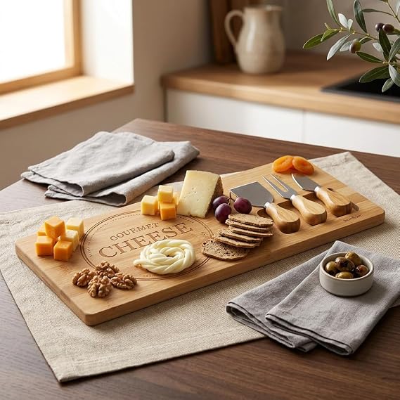 Deconox Bamboo Cheese Presentation Plate, Fruit Food Board Presentation Plate 4 Pieces | Natural and Stylish Bamboo Cheese - Present Your Delicious Snacks in a Stylish Way!