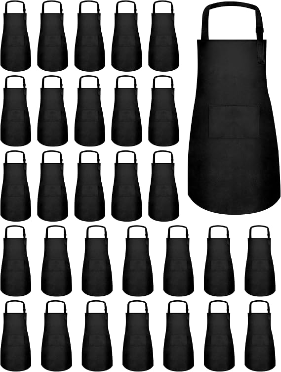30-Pack Kids Aprons Bulk with Pockets for Painting, Black