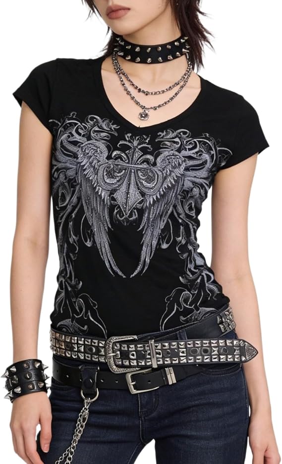 Women Y2k Clothes Grunge Shirts Emo Goth Vintage 2000s Tops Short Sleeve Graphic Tees Alt Punk Scene Clothing