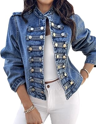CHICME Denim Jacket for Women Button Up Stand Collar Jeans Jacket Casual Long Sleeve Lightweight Fall Coat