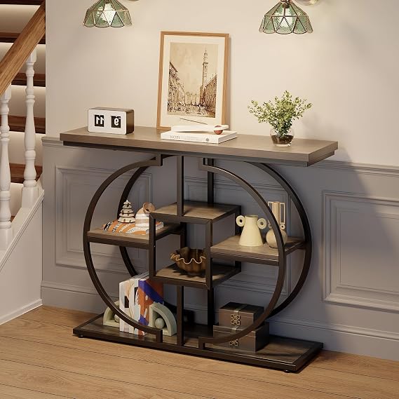 GiftGo Narrow Console Table for Entryway Industrial 4-Tier Sofa Table Behind Couch with Circle Base Rustic Wooden Accent Tables with Storage Shelves for Living Room, Hallway, Foyer (Grey)