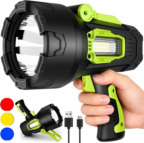 Rechargeable Spotlight,2000000 Lumens Super Bright LED SpotLights Flashlight, 10000Ah Spot Lights Long Runtime Waterproof ,Spot Light Outdoor Handheld with Cob Light & Foldable Tripod for Camping