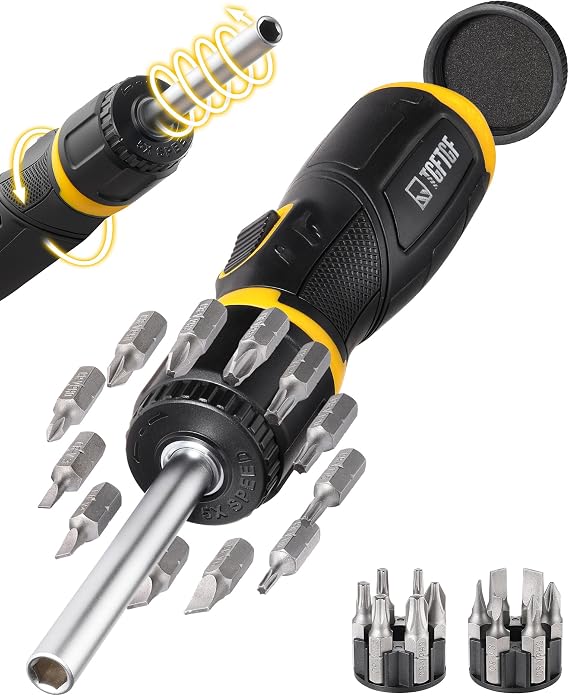 TGFTGF 13 IN 1 Magnetic Ratcheting Screwdriver, 5X Speed Drive, 12PCS Bits Included,Torx PH SL, Ergonomic Handle Design with Adjustable Angle, End Storage Cap, for Motorcycle,Bicycle, Home Maintenance